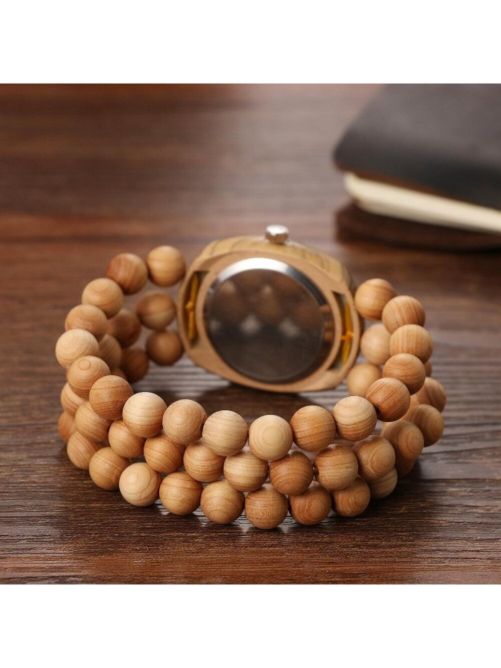 Women's khaki Analog Quartz Buddhist Beaded Bracelet Elastic Wrist Wooden Watch - Picture 3 of 6